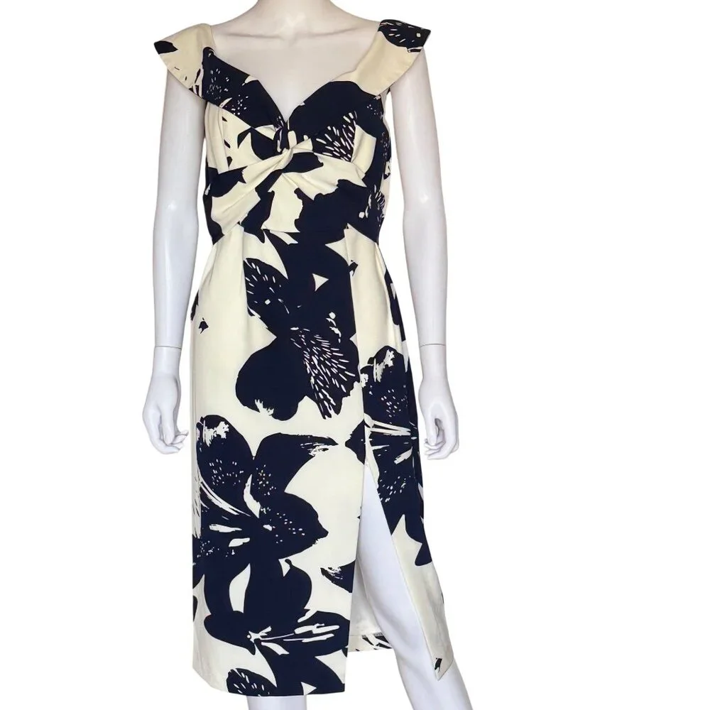 Bardot Floral Midi Dress Womens M Navy & Ivory Sleeveless Cocktail Australian Fa - Picture 1 of 12